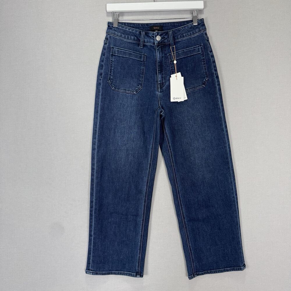Quince Stretch High Rise Patch Pocket Wide Leg Jeans Women 28 Midnight Blue Boho